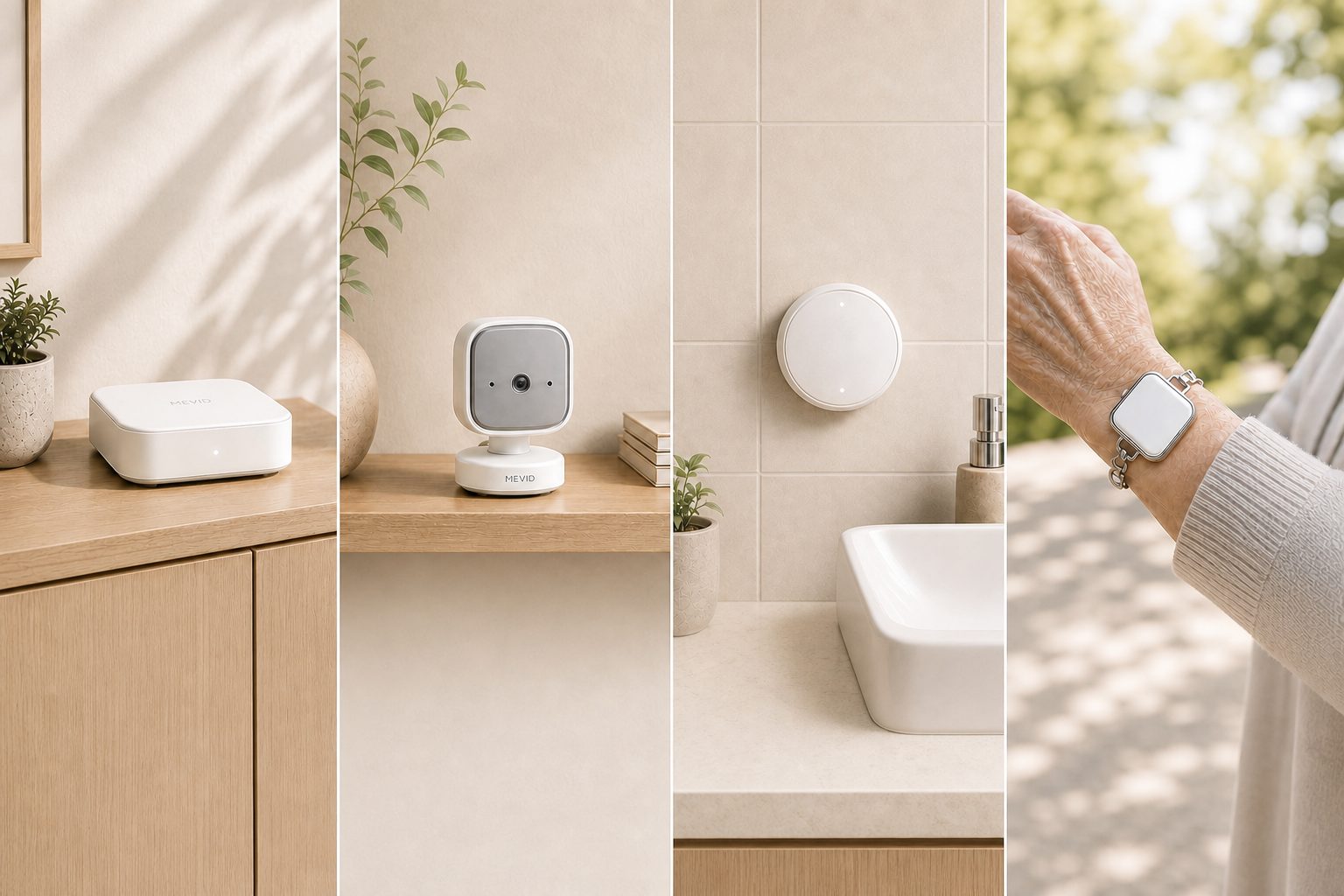 Four MEVID modules shown across home and outdoors: edge hub, camera, mmWave sensor, and wearable