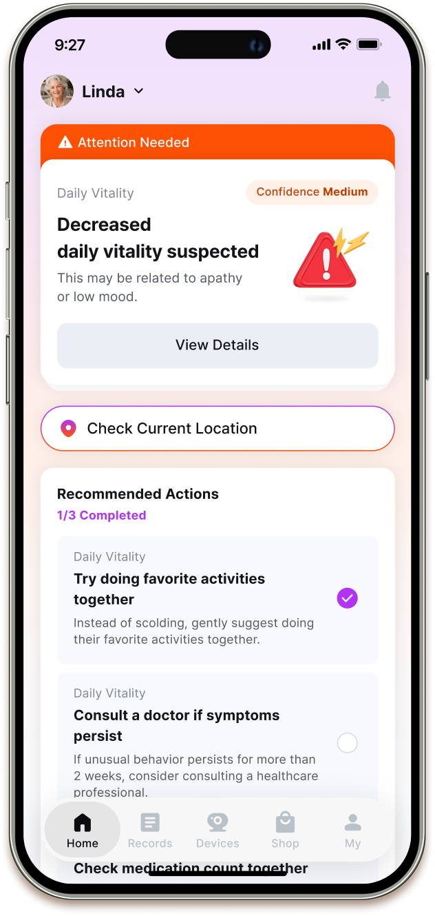 MEVID app concept showing an attention-needed card and recommended caregiver actions